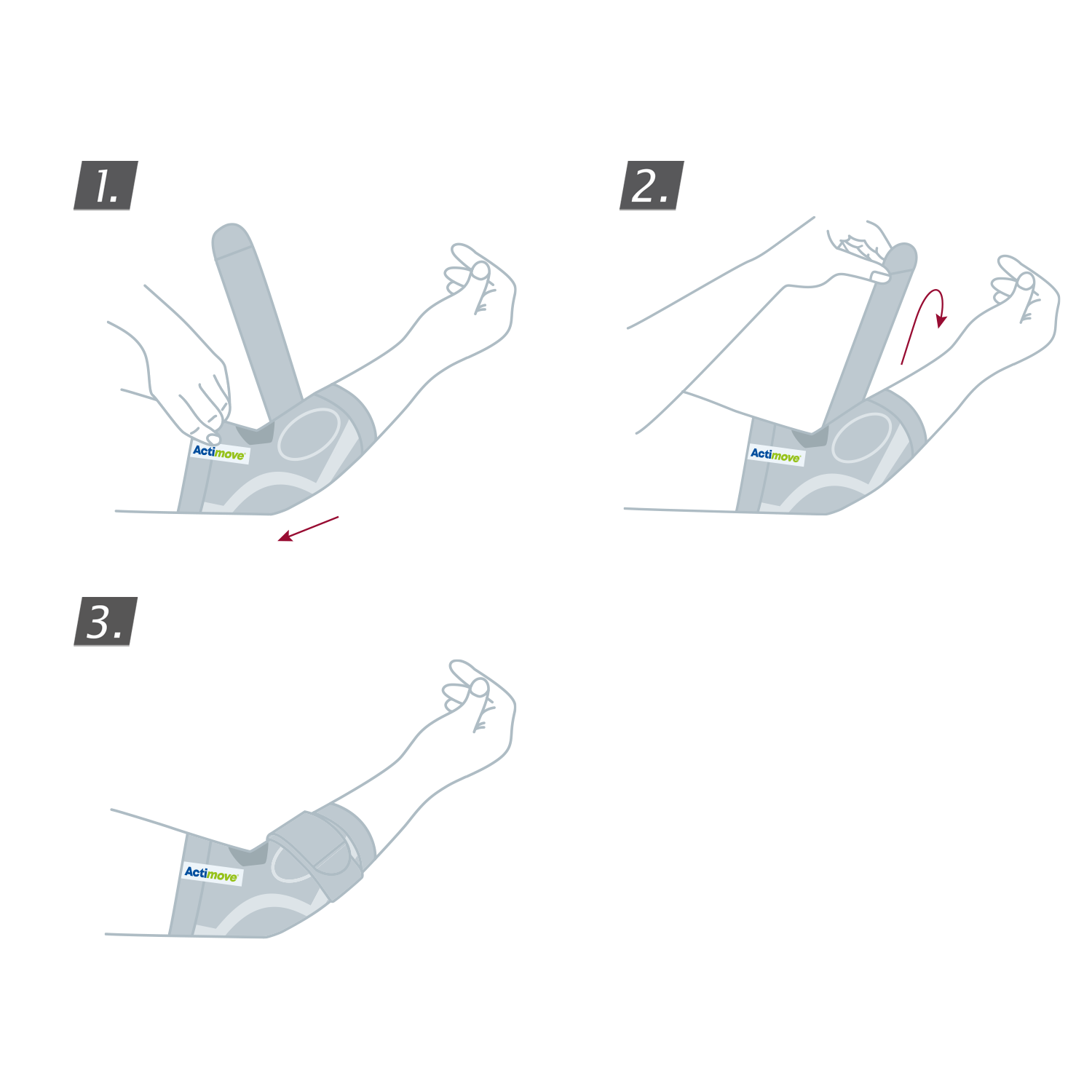 How to put on the Actimove Everyday Supports Elbow Support with Pressure Pads and Strap: pull the support up your arm and close the strap
 How to put on the Actimove Everyday Supports Elbow Support with Pressure Pads and Strap: pull the support up your arm and close the strap